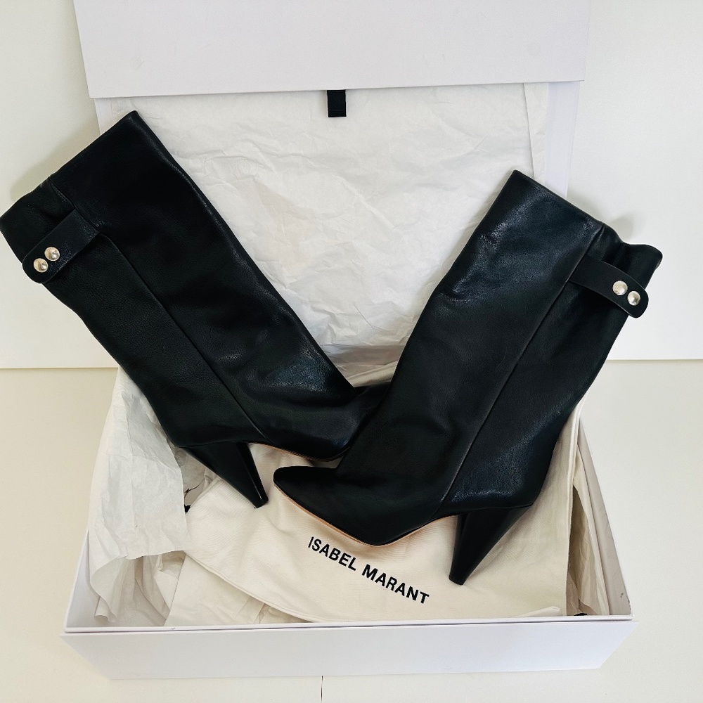 ISABEL MARANT LAKFEE BLACK LEATHER WRINKLED BOOTS SIZE 37